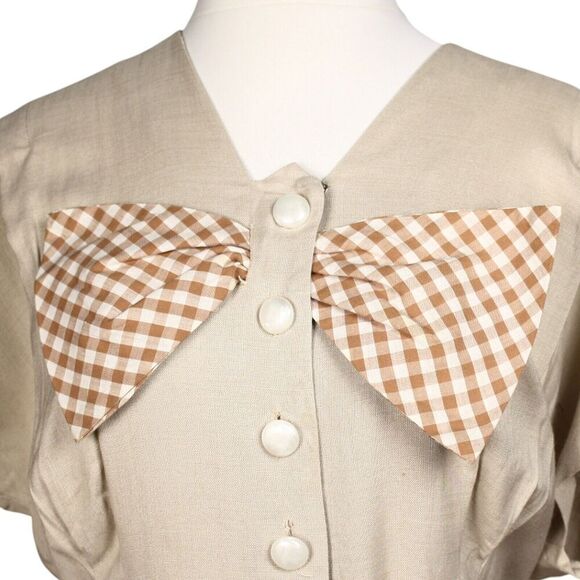 Vintage Reloms Dress Tan w Big Brown and White Check Bow Sz M B38 W34 - Hey Viv - Picture 6 of 9